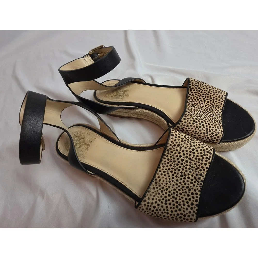 Vince Camuto Kathalia Leopard Haircalf Espadrille Platform Sandals Black Tan 10M